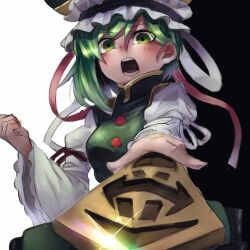 Rule 34 | 1girl, asymmetrical hair, black background, commentary request, frilled hat, frills, green eyes, green hair, green vest, hat, holding, juliet sleeves, long hair, long sleeves, looking at viewer, nio (meple nio), open mouth, puffy sleeves, rod of remorse, shiki eiki, solo, touhou, two-tone background, upper body, vest, white background