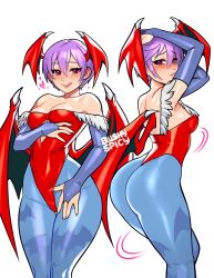 Rule 34 | 1girl, alternate breast size, animal print, arms up, ass, bare shoulders, bat print, bat wings, blushyspicy, breasts, bridal gauntlets, capcom, commentary, demon girl, feet out of frame, flat chest, groin, head wings, highres, leotard, lilith aensland, looking at viewer, multiple views, pantyhose, print legwear, print pantyhose, purple hair, red eyes, red leotard, short hair, simple background, smile, vampire (game), wings