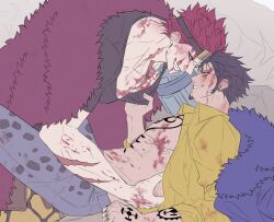 Rule 34 | 2boys, anger vein, black hair, blood, blood on clothes, blood on face, blood on hands, cape, chest tattoo, clothes grab, coat, denim, earrings, eustass kid, eye contact, facial hair, fur cape, fur coat, goatee, goggles, grin, hand tattoo, highres, jeans, jewelry, korean commentary, looking at another, lying, male focus, multiple boys, muscular, muscular male, nipples, on back, one piece, op chestnut, open clothes, pants, prosthesis, prosthetic arm, red eyes, red hair, red lips, scar, shirt, short hair, smile, tattoo, teeth, trafalgar law, yaoi, yellow eyes, yellow shirt