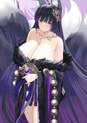 Rule 34 | 1girl, absurdres, animal ear fluff, animal ears, azur lane, bare shoulders, black hair, breasts, brown eyes, cleavage, facial mark, fox ears, fox girl, fox tail, fur trim, hair ornament, highres, huge breasts, japanese clothes, jewelry, kimono, kitsune, long hair, looking at viewer, magatama, magatama necklace, musashi (azur lane), necklace, smile, solo, tail, tnr (horiko1525), very long hair