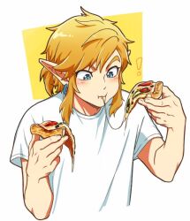Rule 34 | !, 1boy, blonde hair, blue eyes, blush, border, earrings, eating, food, food in mouth, furrowed brow, holding, holding food, holding pizza, jewelry, link, low ponytail, male focus, medium hair, nintendo, pizza, pizza slice, pointy ears, shirt, short sleeves, sidelocks, solo, t-shirt, the legend of zelda, the legend of zelda: breath of the wild, the legend of zelda: tears of the kingdom, tnp, upper body, white border, white shirt, yellow background