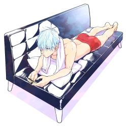 Rule 34 | 10s, 1boy, blue hair, boxer briefs, closed mouth, couch, hair down, hair slicked back, holding, idolmaster, idolmaster side-m, kuzunoha amehiko, lying, male focus, male underwear, on stomach, pillow, red boxer briefs, red male underwear, rocket 770, shadow, solo, towel, towel around neck, underwear, wet, wet hair