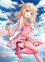 Rule 34 | 1girl, :d, absurdres, bare shoulders, blonde hair, blue sky, blush, boots, breasts, cloud, cloudy sky, commentary request, day, detached sleeves, dress, fate/kaleid liner prisma illya, fate (series), feather hair ornament, feathers, foot out of frame, foot up, gloves, hair ornament, highres, holding, holding wand, illyasviel von einzbern, long hair, looking at viewer, magical girl, open mouth, outdoors, pink dress, pink thighhighs, prisma illya, red eyes, shiny skin, sky, small breasts, smile, solo, teeth, thigh boots, thighhighs, two side up, upper teeth only, wand, white gloves, zeroillya