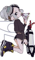 Rule 34 | 1girl, artist logo, black footwear, black shirt, black shorts, commentary, dolphin shorts, earrings, floating, from side, goggles, goggles on head, grey eyes, gym shorts, high tops, holding, holding weapon, imaikuy0, jewelry, legs up, long sleeves, looking at viewer, looking back, nintendo, octoling, octoling player character, pointy ears, shirt, shoes, short hair, short shorts, shorts, silver hair, sneakers, solo, splat bomb (splatoon), splatoon (series), splatoon 2, splattershot pro (splatoon), stud earrings, tentacle hair, weapon