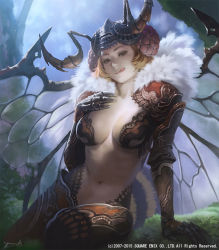 Rule 34 | 1girl, antennae, armor, billhigel, blonde hair, breasts, center opening, compound eyes, female focus, gauntlets, arthropod girl, insect wings, large breasts, licking lips, lord of vermilion, lord of vermilion iii, monster girl, nose, pauldrons, revealing clothes, shoulder armor, sideboob, sitting, smile, solo, tongue, tongue out, wings, yuu kikuchi