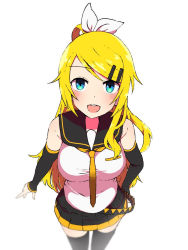 Rule 34 | 1girl, aged up, bare shoulders, blonde hair, blue eyes, blurry, blush, bow, breasts, depth of field, from above, future style (module), hair ornament, hairclip, hand on own hip, highres, kagamine rin, long hair, looking at viewer, medium breasts, necktie, nishikino kee, pleated skirt, pointing, pointing down, school uniform, serafuku, shirt, skirt, smile, solo, standing, swept bangs, thighhighs, tight clothes, tight shirt, vocaloid, white bow
