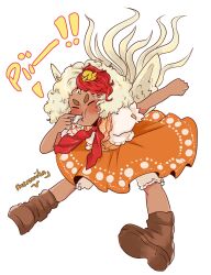 Rule 34 | 1girl, absurdres, alternate skin color, animal, animal on head, artist name, bird, bird on head, bird tail, bird wings, blonde hair, bloomers, blowing whistle, blush, boots, brown footwear, chick, closed eyes, commentary, curly hair, dark skin, dress, english commentary, full body, highres, holding, holding whistle, mercuriika, midair, multicolored hair, neckerchief, niwatari kutaka, on head, orange dress, puffy short sleeves, puffy sleeves, red hair, red neckerchief, shirt, short hair, short sleeves, solo, sound effects, tail, thick eyebrows, touhou, two-tone hair, underwear, v-shaped eyebrows, whistle, whistle around neck, white background, white shirt, wings
