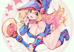 Rule 34 | 1girl, blonde hair, boots, breasts, cleavage, dark magician girl, full body, green eyes, large breasts, long hair, open mouth, parororo, smile, solo, staff, star (symbol), teeth, thighs, upper teeth only, yu-gi-oh!