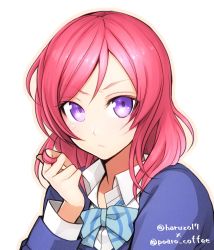 Rule 34 | 10s, 1girl, blazer, blush, bow, bowtie, collaboration, colorized, commentary request, frown, twirling hair, haru (haru2079), highres, jacket, long hair, looking at viewer, love live!, love live! school idol project, nishikino maki, pink hair, playing with own hair, poaro, purple eyes, school uniform, simple background, solo, striped bow, striped bowtie, striped clothes, striped neckwear, twitter username, white background