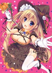 Rule 34 | 1girl, :d, black dress, blonde hair, blue eyes, breasts, cleavage, dress, frilled dress, frills, garter straps, gloves, halloween, hat, high heels, holding, large breasts, long hair, looking at viewer, no panties, open mouth, original, smile, solo, sorai shin&#039;ya, traene (sorai shin&#039;ya), wand, white gloves, white legwear, witch hat