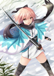 Rule 34 | &gt;:d, 1girl, :d, arm guards, black bow, black footwear, black scarf, blonde hair, blush, boots, bow, fate/grand order, fate (series), from above, hair bow, harimoji, highres, holding, holding sword, holding weapon, katana, koha-ace, legs apart, long sleeves, looking at viewer, looking up, okita souji (fate), okita souji (koha-ace), open mouth, plant, sash, scarf, sheath, shinsengumi, shiny skin, short hair, smile, snow, solo, standing, sword, thigh boots, thighhighs, thighs, unsheathed, v-shaped eyebrows, weapon, wide sleeves, winter, yellow eyes, zettai ryouiki