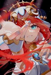 Rule 34 | 1girl, blue eyes, blue gemstone, blue nails, crop top, detached sleeves, fihasel, gem, genshin impact, hand up, highres, horns, jewelry, long hair, looking at viewer, nail polish, neck ring, nilou (genshin impact), one eye covered, red hair, solo, upper body, veil, white headdress