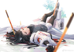 Rule 34 | 1girl, absurdres, animal ear fluff, animal ears, ankle boots, arknights, black footwear, black gloves, black hair, black pantyhose, blood, blood on face, bloody weapon, boots, box, breasts, cardboard box, closed mouth, elbow gloves, foreshortening, from behind, full body, fur-trimmed jacket, fur-trimmed sleeves, fur trim, gloves, grey shirt, helsura (laurenc15933866), highres, jacket, jewelry, long sleeves, looking at viewer, looking back, lying, medium breasts, multicolored hair, necklace, official alternate costume, on back, open clothes, open jacket, pantyhose, pantyhose under shorts, penguin logistics logo, planted, planted sword, planted weapon, red eyes, red hair, shirt, short shorts, shorts, simple background, smile, solo, sword, texas (arknights), texas (winter messenger) (arknights), torn clothes, torn legwear, torn pantyhose, two-tone hair, weapon, white background, white jacket, white shorts, wolf ears