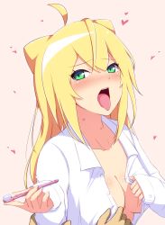 Rule 34 | 10s, 1boy, 1girl, ahoge, blonde hair, blush, breasts, cleavage, collarbone, green eyes, hacka doll, hacka doll 1, heart, highres, long hair, looking at viewer, mijinko (rioriorio), open mouth, pov, teeth, tongue, tongue out, toothbrush