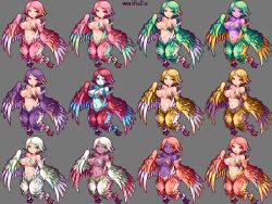Rule 34 | 1girl, alternate color, blonde hair, breasts, cleavage, clone, colored skin, commentary request, dark skin, feathered wings, feathers, female focus, green eyes, green hair, grey background, harpy, large breasts, looking at viewer, matching hair/eyes, monster girl, multiple views, navel, original, pink hair, pointy ears, purple hair, purple skin, red eyes, red hair, sb (coco1), short hair, simple background, smile, talons, white hair, winged arms, wings, yellow eyes