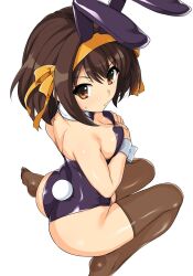 Rule 34 | 1girl, animal ears, ass, bare shoulders, black bow, black bowtie, black leotard, bob cut, bow, bowtie, breasts, brown eyes, brown hair, brown thighhighs, cleavage, closed mouth, detached collar, fake animal ears, fake tail, from above, from behind, hair ribbon, hairband, haruhisky, highres, leotard, medium breasts, medium hair, official alternate costume, playboy bunny, rabbit ears, rabbit tail, ribbon, simple background, sitting, solo, suzumiya haruhi, suzumiya haruhi no yuuutsu, sweatdrop, tail, thighhighs, thighs, white background, white wrist cuffs, wrist cuffs, yellow hairband, yellow ribbon