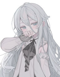 Rule 34 | 1girl, absurdres, ahoge, anparu, black ribbon, covering own mouth, detached sleeves, dress, frilled dress, frills, grey dress, grey eyes, grey hair, hair between eyes, hand over own mouth, hand up, highres, long hair, long sleeves, looking at viewer, neck ribbon, original, ribbon, sidelocks, simple background, sleeves past wrists, solo, upper body, white background
