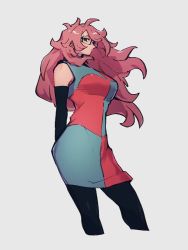 Rule 34 | 1girl, android 21, breasts, checkered clothes, checkered dress, closed mouth, dragon ball, dragon ball fighterz, dress, glasses, grey background, kemachiku, long hair, looking at viewer, medium breasts, pantyhose, red hair, simple background, solo, standing