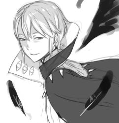 Rule 34 | 1boy, cloak, eyeball, feathers, fire emblem, fire emblem awakening, greyscale, hair between eyes, henry (fire emblem), kozaki yuusuke, looking at viewer, male focus, monochrome, nintendo, official art, parted lips, shaded face, sketch, solo, white background, wind