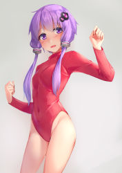 Rule 34 | 1girl, :d, alternate costume, bare hips, breasts, commentary request, covered navel, cowboy shot, grey background, hair ornament, heattech leotard, highleg, highleg leotard, highres, kanzen bouon, leotard, long sleeves, looking at viewer, open mouth, purple eyes, red leotard, red sweater, ribbed leotard, short hair with long locks, sidelocks, simple background, smile, solo, striped clothes, striped leotard, sweater, thighs, turtleneck, turtleneck sweater, vertical-striped clothes, vertical-striped leotard, vocaloid, voiceroid, yuzuki yukari