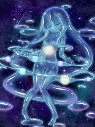 Rule 34 | 1girl, breasts, commentary, completely nude, curss, closed eyes, floating, full body, giant, giantess, hair between eyes, highres, long hair, monster girl, navel, nude, original, slime (substance), slime girl, small breasts, solo, space, star (sky), thigh gap, transparent, very long hair