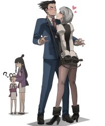 Rule 34 | 1boy, 3girls, ace attorney, black hair, blush, brown hair, covered eyes, covering another&#039;s eyes, earrings, formal, franziska von karma, heart, highres, japanese clothes, jewelry, jourd4n, magatama, magatama necklace, maya fey, multiple girls, necklace, necktie, pantyhose, pearl fey, phoenix wright, short hair, simple background, smile, suit, whip, white background