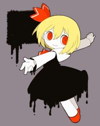 Rule 34 | 1girl, bad anatomy, black skirt, black vest, blonde hair, collared shirt, darkness, dmebgsa3, dripping, grey background, hair ribbon, long skirt, long sleeves, looking to the side, melting, neckerchief, pale skin, red eyes, red neckerchief, red ribbon, red shorts, ribbon, rumia, shirt, shoes, shorts, simple background, skirt, slit pupils, smile, t-pose, touhou, vest, white shirt