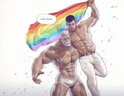 Rule 34 | abs, bara, copyright request, english text, facial hair, falling petals, highres, large pectorals, lgbt pride, looking at viewer, male focus, male underwear, muscular, muscular male, nipples, original, patreon username, pectorals, petals, rainbow flag, silverjow, thighs, topless male, underwear, underwear only, white male underwear, yaoi