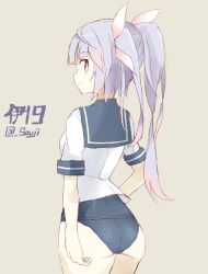 Rule 34 | 10s, 1girl, ass, bad id, bad twitter id, character name, from behind, hair ribbon, i-19 (kancolle), kantai collection, long hair, one-piece swimsuit, red eyes, ribbon, school swimsuit, school uniform, serafuku, shigino sohuzi, smile, solo, swimsuit, swimsuit under clothes, twintails, twitter username