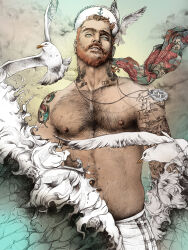 Rule 34 | 1boy, abs, anchor print, arm hair, arm tattoo, armpit hair, armpit hair peek, bara, beard, bird, bird tattoo, blue eyes, chest hair, cloud, cloudy sky, flying, hairy, hat, large pectorals, leg hair, looking ahead, male focus, male swimwear, mature male, muscular, muscular male, navel, navel hair, neck tattoo, nipples, orange hair, original, parted lips, pectorals, realistic, sailor, sailor hat, salem beiruti, seagull, short hair, shoulder tattoo, sky, solo, stomach, swan, swim trunks, tattoo, thick beard, thick mustache, topless male, waves, wind