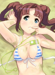 Rule 34 | 1girl, armpits, bad id, bad pixiv id, bikini, blue eyes, breasts, brown hair, cleavage, digital media player, earbuds, earphones, front-tie top, idolmaster, idolmaster (classic), ipod, kouno (masao), lying, medium breasts, object in clothes, object in swimsuit, on back, open mouth, sand, shiny skin, solo, swimsuit, takatsuki yayoi, twintails, upper body