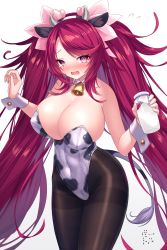 Rule 34 | 1girl, :o, animal ears, bettle (b s a n), black pantyhose, blush, bottle, breasts, cleavage, covered navel, cow girl, detached collar, flower, flower knight girl, hair flower, hair ornament, highres, horns, large breasts, leotard, long hair, milk bottle, neck bell, nontraditional playboy bunny, pantyhose, playboy bunny, purple eyes, red hair, shuumeigiku (flower knight girl), standing, thighband pantyhose, twintails, very long hair, white background, wrist cuffs