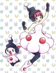 Rule 34 | 1girl, :d, animal print, bare shoulders, beanie, black gloves, black legwear, blunt bangs, boots, chikorita85, clenched hands, clown nose, collarbone, creatures (company), crescent, dress, full body, game freak, gen 4 pokemon, gloves, hat, heart, highres, jumping, long dress, mime jr., moemon, nintendo, open mouth, outstretched arms, personification, pink eyes, pink hair, pokemon, pokemon (creature), pokemon dppt, rabbit print, raised fists, short hair, smile, traditional media, white background
