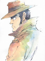 Rule 34 | 1boy, agahari, black eyes, black hair, brown coat, brown headwear, closed mouth, coat, commentary request, grey background, hat, highres, looking away, lupin iii, male focus, short hair, simple background, traditional media, upper body, zenigata kouichi