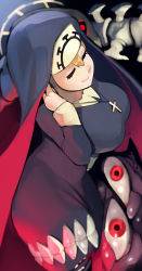 Rule 34 | 1girl, absurdres, blonde hair, breasts, cross, cross necklace, double (skullgirls), extra eyes, extra mouth, closed eyes, habit, hand up, highres, jewelry, large breasts, monster, naze, necklace, nun, red eyes, skullgirls, smile, solo, spine