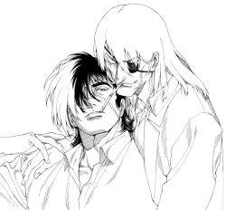 Rule 34 | 2boys, adam&#039;s apple, black jack (character), black jack (series), cheekbones, cigarette kiss, closed eyes, collarbone, collared shirt, eyepatch, greyscale, hair over one eye, hand on another&#039;s shoulder, highres, jacket, kiriko (black jack), long hair, male focus, monochrome, multicolored hair, multiple boys, old, old man, oldkin, shirt, simple background, smoking, split-color hair, stitched face, stitches, yaoi