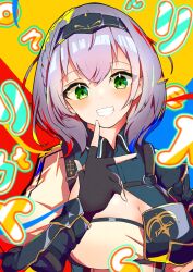 Rule 34 | absurdres, black gloves, braid, breasts, chilwell seele, cleavage, cleavage cutout, clothing cutout, fingerless gloves, gloves, green eyes, grey hair, hairband, highres, hololive, large breasts, looking at viewer, shirogane noel, shirogane noel (1st costume), short hair, smile, solo, virtual youtuber