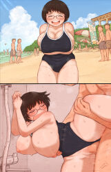 2koma beach blush breasts breasts_out brown_hair censored cleft_of_venus closed_eyes comic competition_school_swimsuit cum cum_in_pussy faceless faceless_male glasses haru_no_manji hetero highres huge_breasts instant_loss jimiko mosaic_censoring multiple_boys multiple_girls open_mouth original penis plump school_swimsuit sex short_hair skindentation swimsuit textless_version undersized_clothes