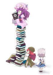 Rule 34 | 3girls, blush, book, book stack, bow, chibi, female focus, hair bow, hat, hong meiling, izayoi sakuya, knife, long hair, maid, maid headdress, massala, md5 mismatch, multiple girls, patchouli knowledge, purple hair, red hair, resolution mismatch, silver hair, source larger, striped, throwing knife, touhou, weapon
