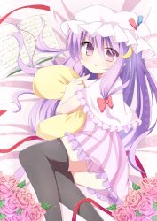 Rule 34 | 1girl, ashino, bad id, bad pixiv id, bed, black thighhighs, book, capelet, crescent, crescent hair ornament, cushion, dress, flower, hair ornament, hat, highres, long hair, lying, patchouli knowledge, pink flower, pink rose, purple eyes, purple hair, ribbon, rose, solo, thighhighs, touhou