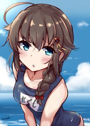 Rule 34 | 1girl, ahoge, artist name, beach, blue eyes, blue one-piece swimsuit, blue sky, braid, brown hair, cloud, commentary request, cowboy shot, day, hair flaps, hair ornament, hair over shoulder, highres, horizon, kantai collection, long hair, looking at viewer, name tag, ocean, one-hour drawing challenge, one-piece swimsuit, outdoors, school swimsuit, shigure (kancolle), shigure kai ni (kancolle), single braid, sky, solo, soramuko, swimsuit