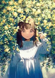 Rule 34 | 1girl, brown eyes, brown hair, dress, flower, hana moto, hand up, highres, long hair, long sleeves, looking at viewer, open mouth, original, outdoors, plant, solo, upper body, white dress
