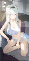 Rule 34 | 1girl, absurdres, bare arms, bare legs, bare shoulders, bikini, black hairband, blue archive, blue bikini, blush, breasts, closed mouth, hair tubes, hairband, halo, highres, himari (blue archive), indoors, kji (rozo), kneeling, long hair, looking at viewer, mole, mole under eye, navel, pointy ears, purple eyes, small breasts, solo, swimsuit, white hair