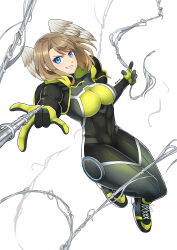 Rule 34 | 1girl, absurdres, black bodysuit, black choker, black footwear, black jacket, blue eyes, bodysuit, breasts, brown hair, choker, cosplay, covered navel, dynamic pose, eunie (xenoblade), green hoodie, grin, head wings, highres, hood, hoodie, jacket, large breasts, leather, leather jacket, looking at viewer, marvel, medium hair, open clothes, open jacket, signature, silk, smile, solo, spider-man, spider-man (cosplay), spider-man (series), swinging, white background, white wings, wings, xenoblade chronicles (series), xenoblade chronicles 3, you nf