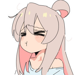 Rule 34 | &gt; &lt;, 1girl, ahoge, blush, blush stickers, closed eyes, commentary request, doublep0ints, genderswap, genderswap (mtf), hair between eyes, long hair, multicolored hair, off shoulder, onii-chan wa oshimai!, oyama mahiro, solo, wavy eyebrows, white background