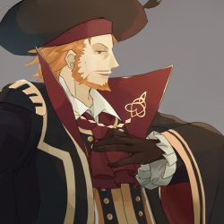 Rule 34 | 1boy, beard, brown eyes, coat, ascot, fate/apocrypha, fate/grand order, fate (series), gloves, grey background, hat, open mouth, orange hair, short hair, william shakespeare (fate)