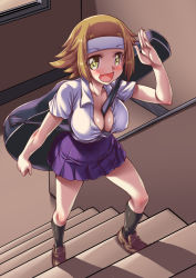 Rule 34 | 1girl, aokihoshi, breasts, brown hair, guitar, guitar case, headband, highres, instrument, instrument case, legs, looking at viewer, medium breasts, open mouth, original, raised eyebrows, school uniform, short hair, skirt, smile, solo, stairs, thighs, uniform, yellow eyes