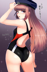 Rule 34 | 10s, 1girl, alternate hair length, alternate hairstyle, ass, brown eyes, brown hair, competition swimsuit, dress, from behind, hat, kantai collection, long hair, one-piece swimsuit, open mouth, sailor hat, solo, swimsuit, tenken (gotannda), z3 max schultz (kancolle)