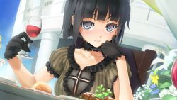 Rule 34 | 1girl, alcohol, bishoujo mangekyou, black hair, blush, choker, cup, dorothy (bishoujo mangekyou), dress, drinking glass, food, game cg, gloves, happoubi jin, looking at viewer, short hair, smile, solo, striped clothes, striped dress, table, wine, wine glass