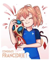 Rule 34 | 1girl, 2018 fifa world cup, :t, ^ ^, ahoge, alternate costume, blonde hair, blue shirt, closed eyes, commentary, congratulations, contemporary, english commentary, flandre scarlet, gradient background, head tilt, highres, holding, hugging object, jersey, nail polish, nike (company), outline, pink background, red nails, shirt, short hair, short sleeves, side ponytail, smile, soccer, solo, touhou, trophy, upper body, white background, white outline, wings, world cup, yoruny
